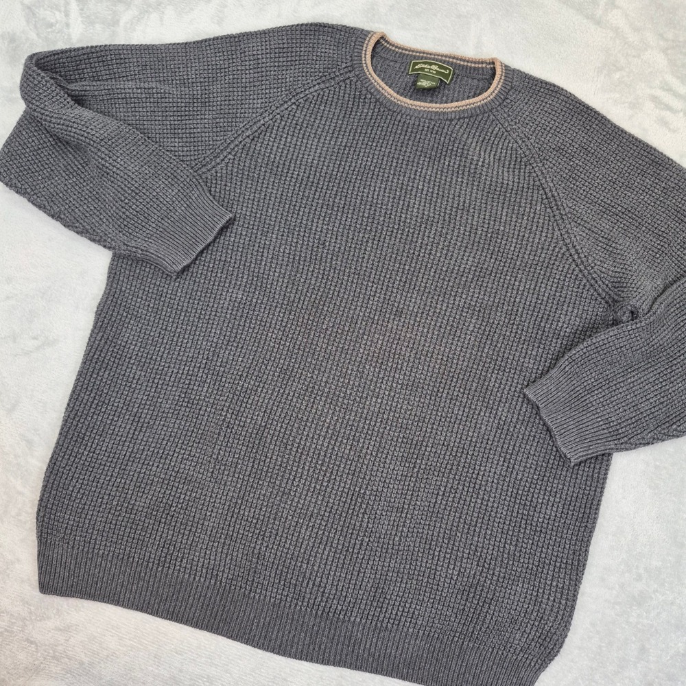 Vintage Eddie Bauer Mens Gray Waffle Knit 100% Cotton Crew Neck Raglan Sweater L
